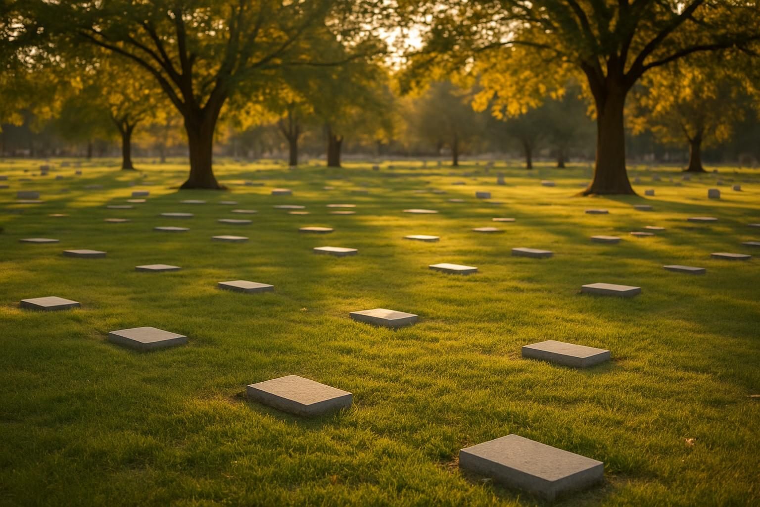 Peaceful cemetery lawn at golden hour illustrating the cost of burial and cemetery plots