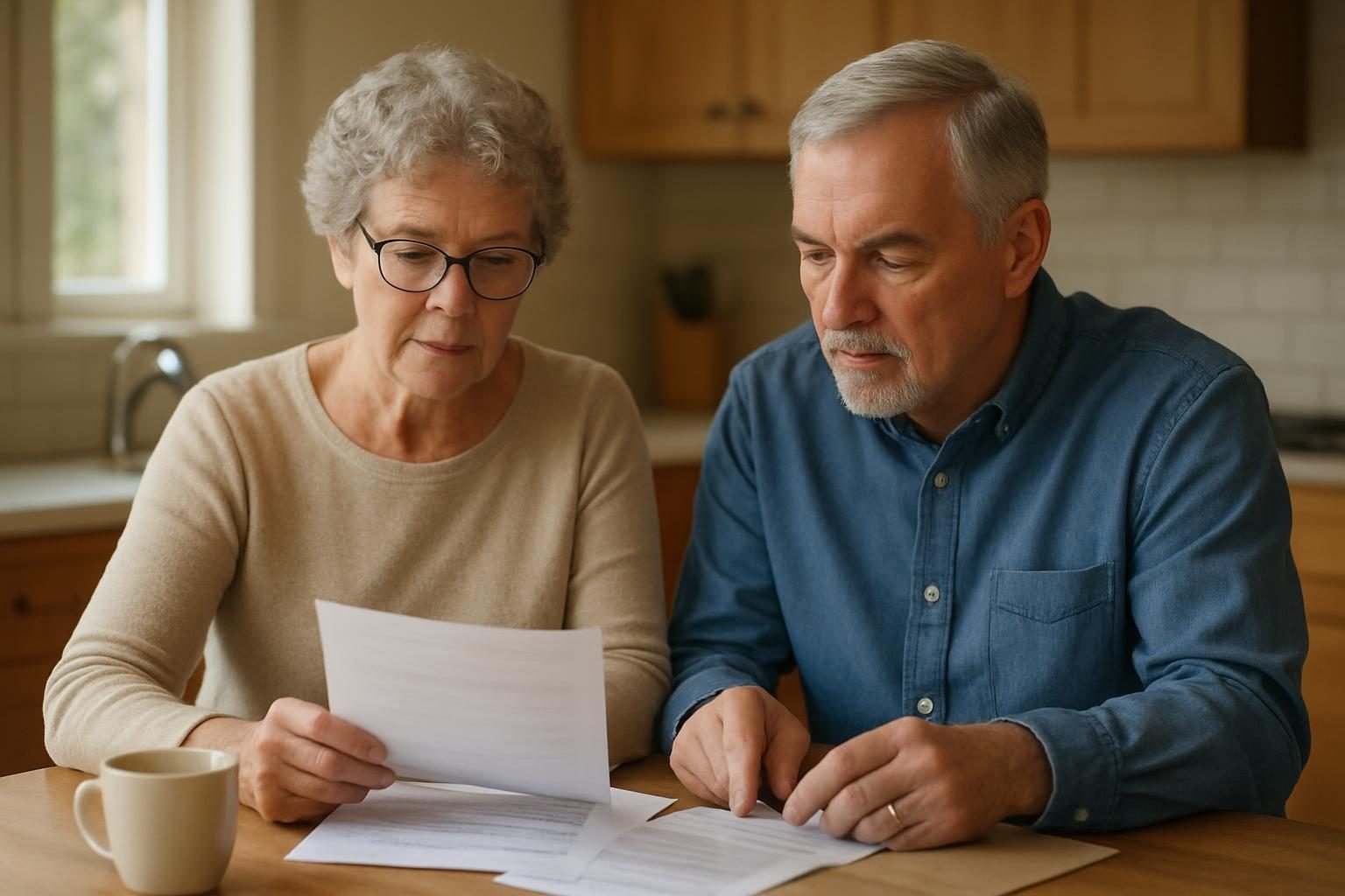 Older couple reviewing funeral planning paperwork at a kitchen table
