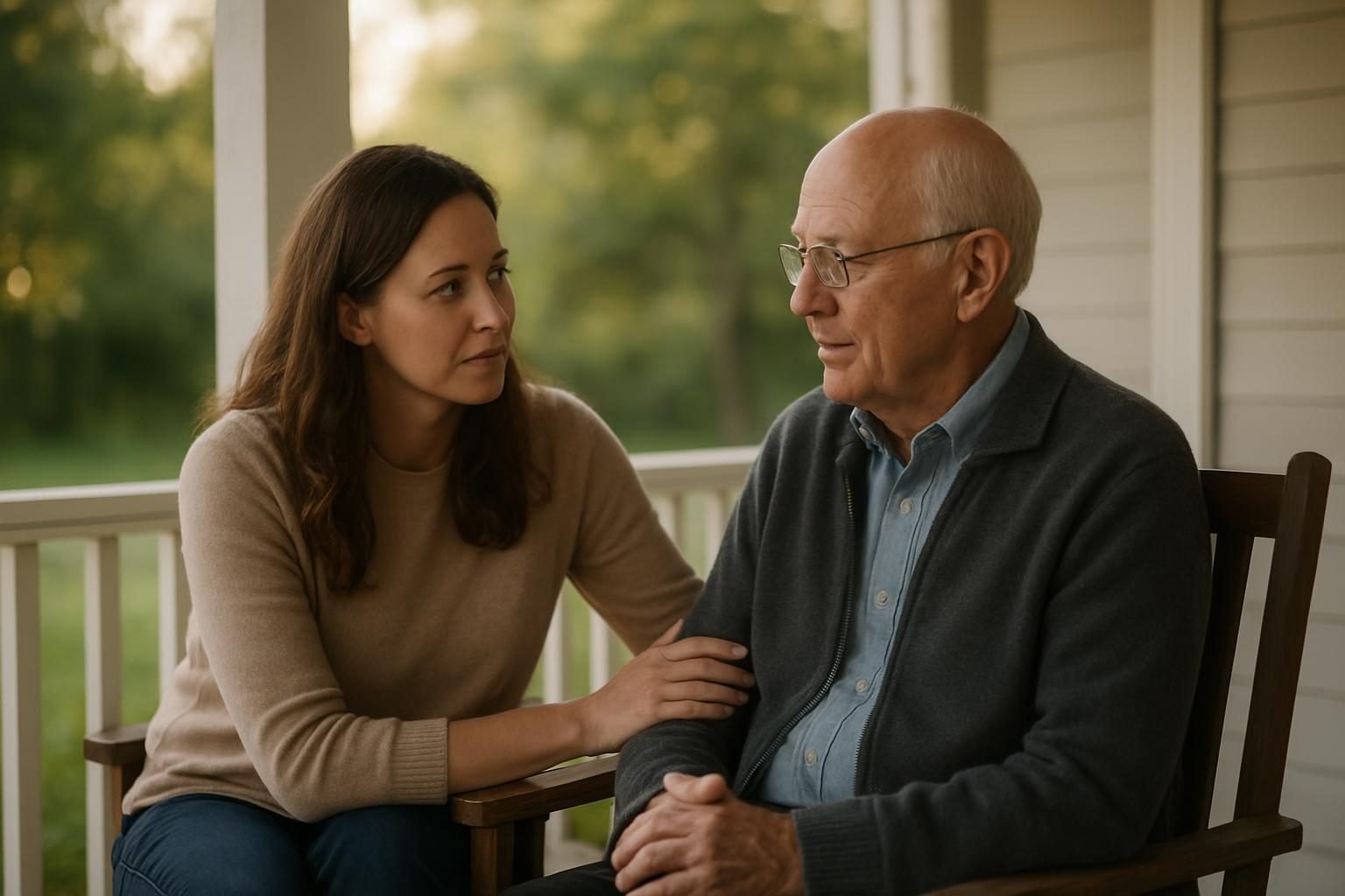 Adult daughter and her father talking about plans on a porch