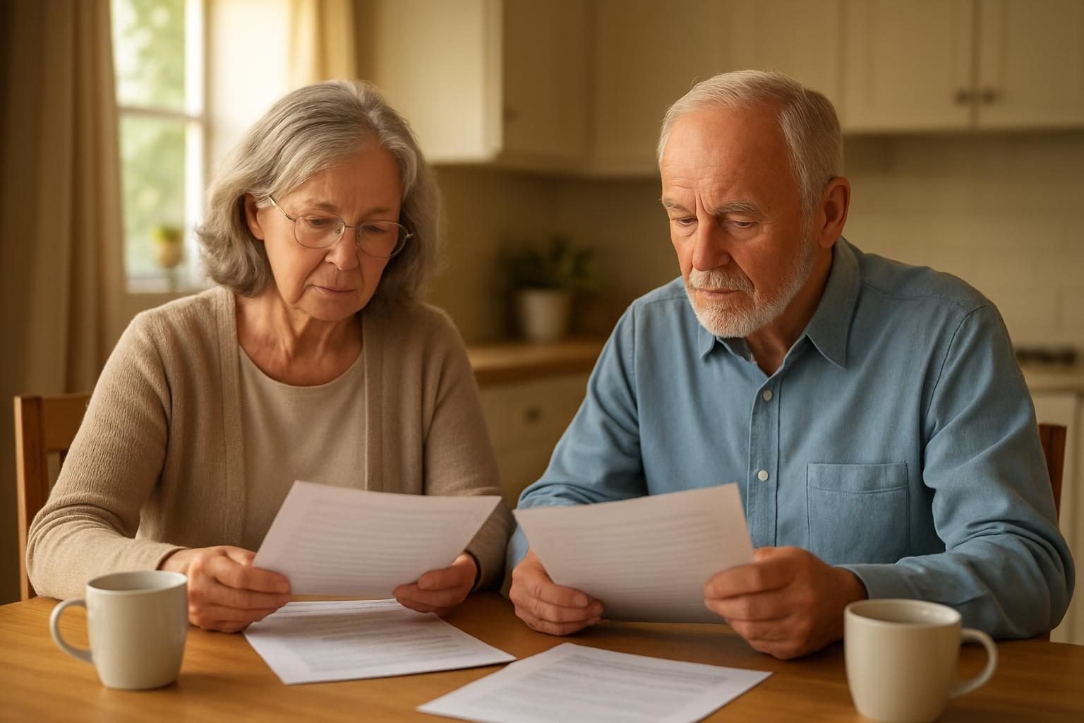 Older couple reviewing paperwork at a kitchen table to plan the cost of cremation