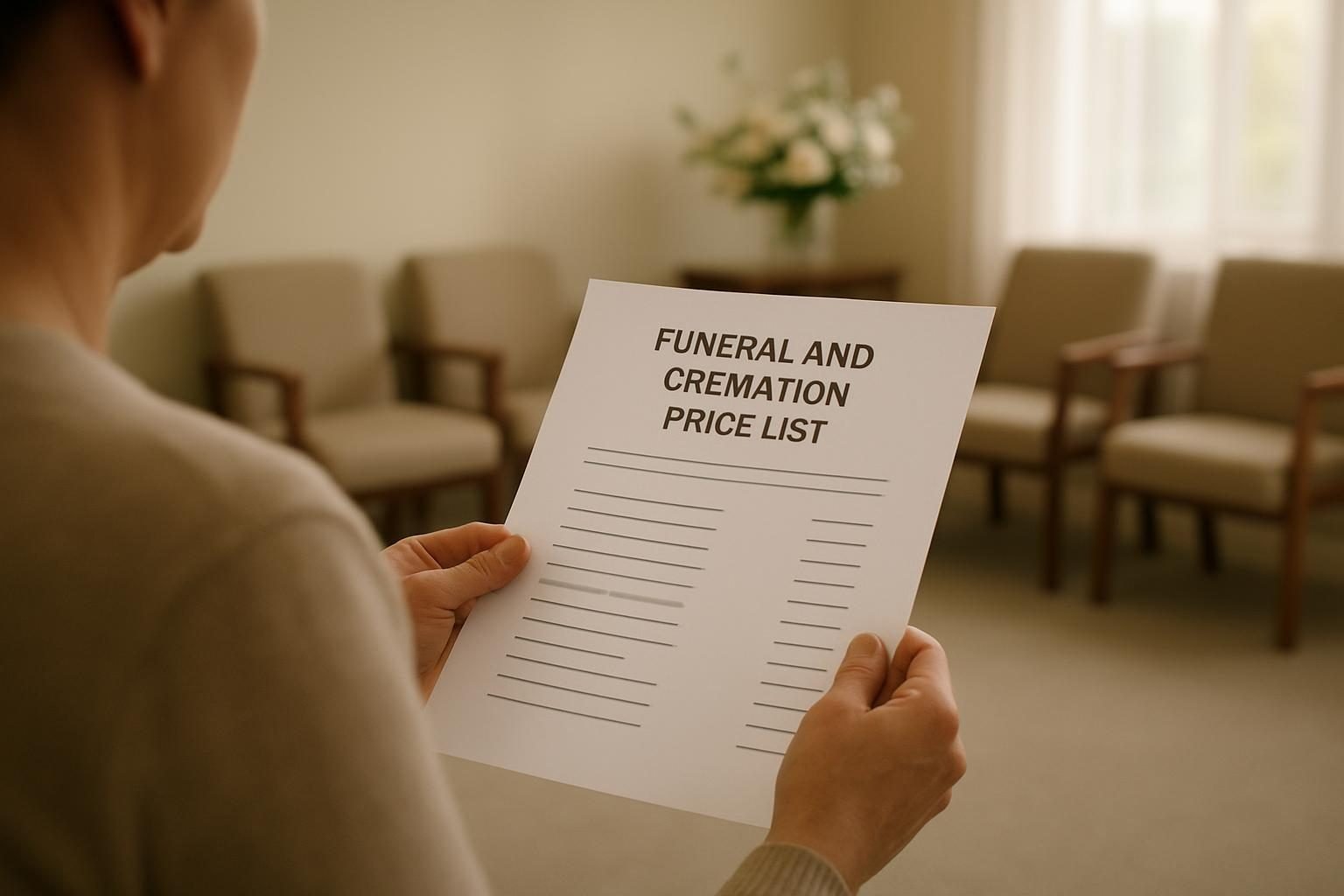Hands holding a printed price list in a calm funeral home reception room