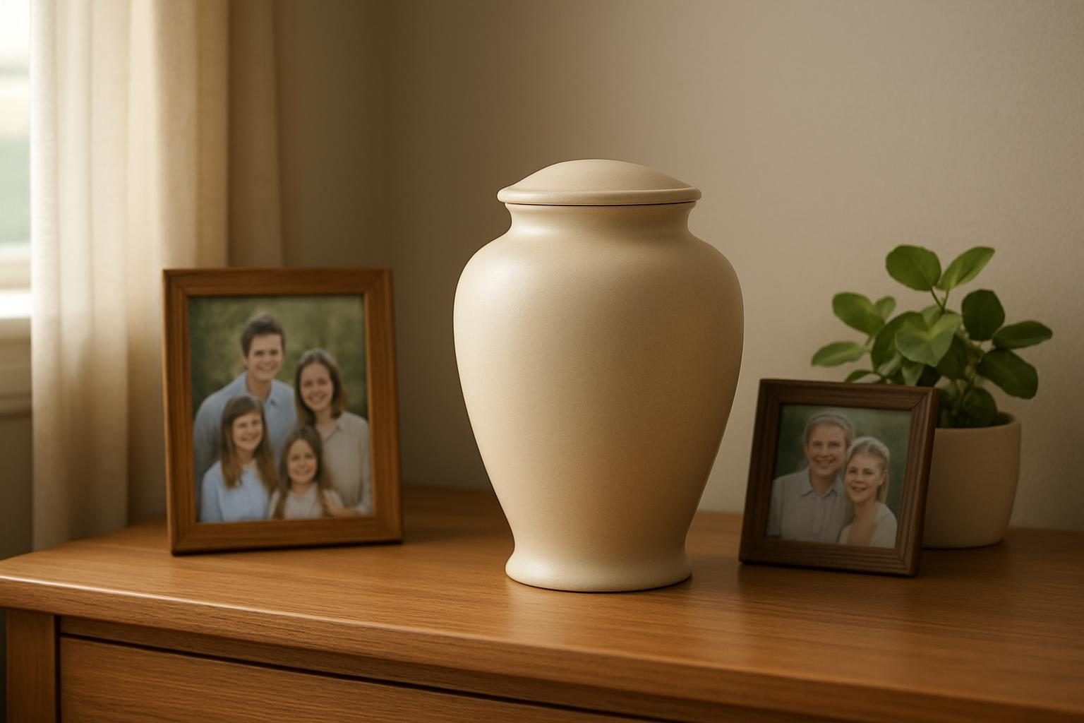 Simple urn on a shelf beside framed family photos