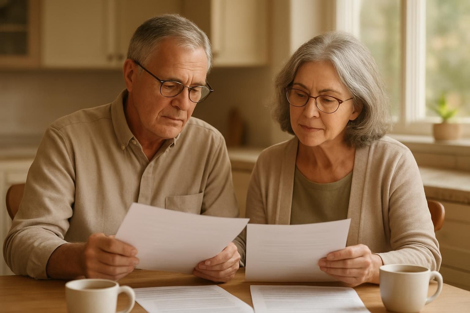 Older couple reviewing final expense insurance paperwork together at a kitchen table