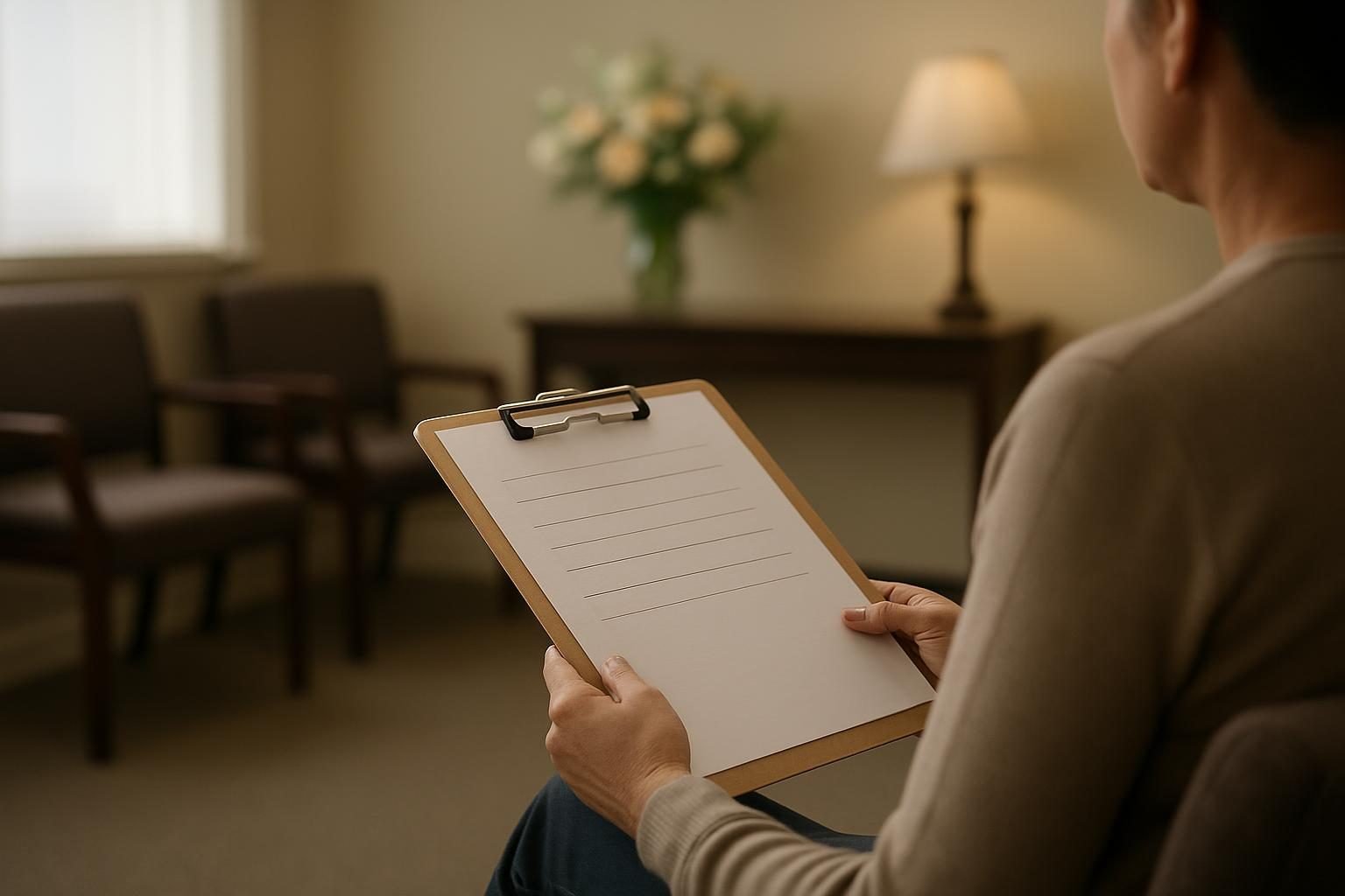 Hands holding a printed price list in a funeral home reception room