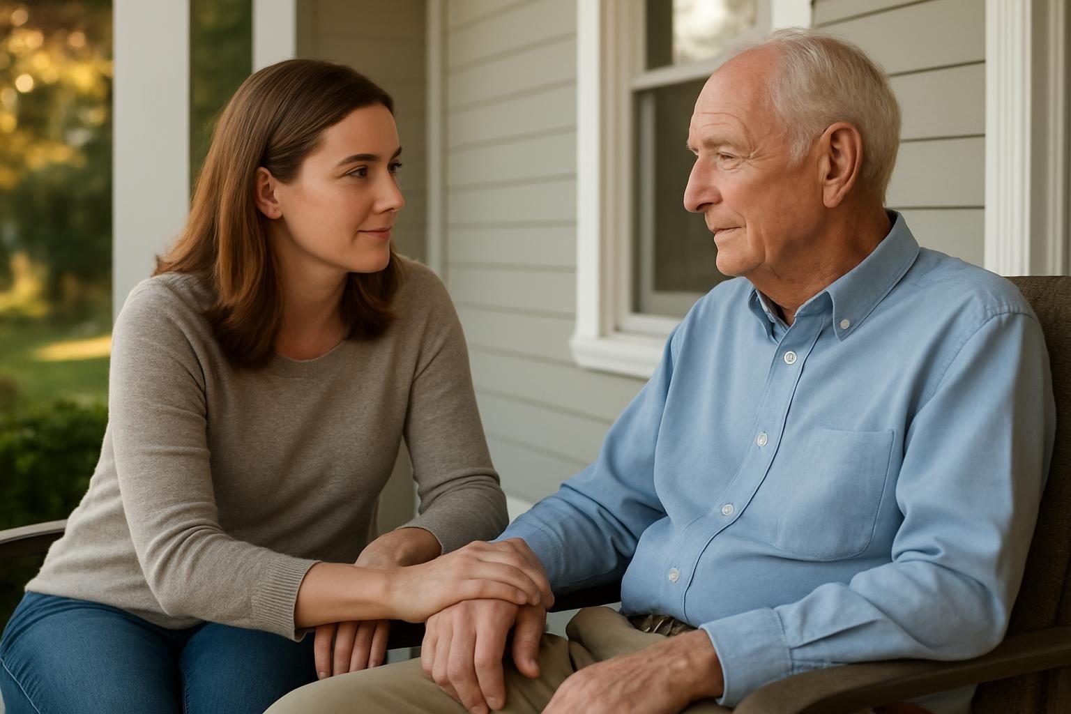 Adult daughter and her father talking about planning ahead on a porch