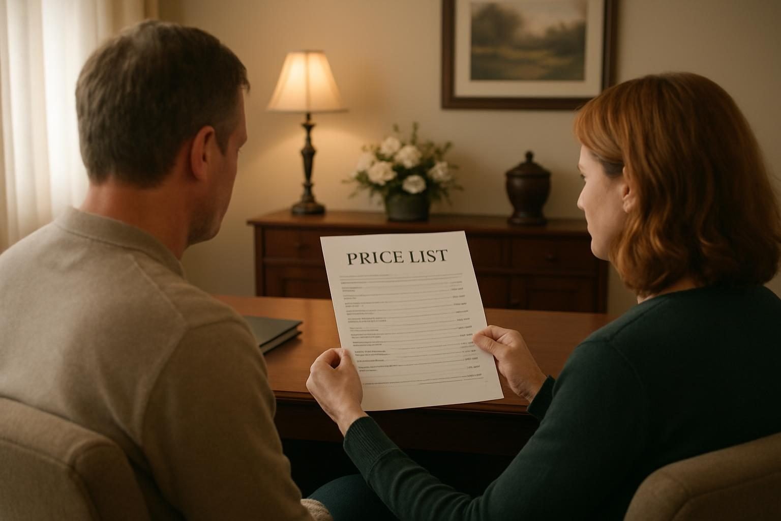 Hands holding a printed price list while comparing funeral home costs
