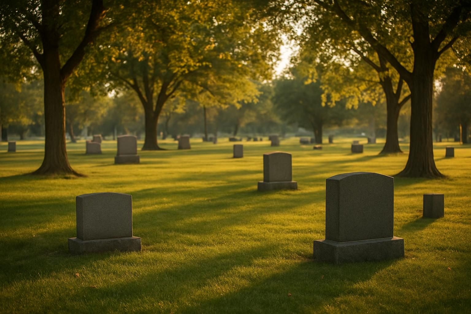 Peaceful cemetery lawn with trees at golden hour
